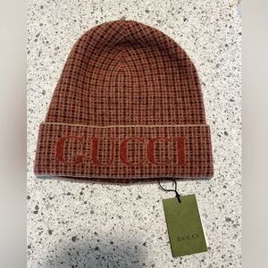 Gucci Wool Blend Checkered Beanie in Red & Brown